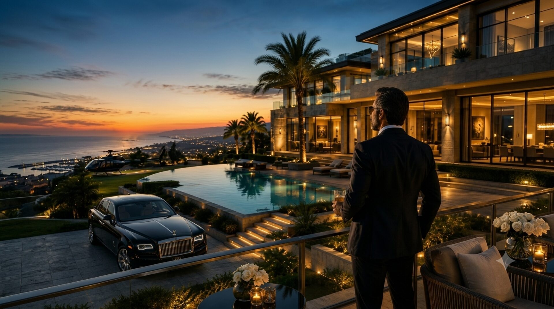 A man overlooking his private estate at sunset, with a helicopter and luxury car in the driveway